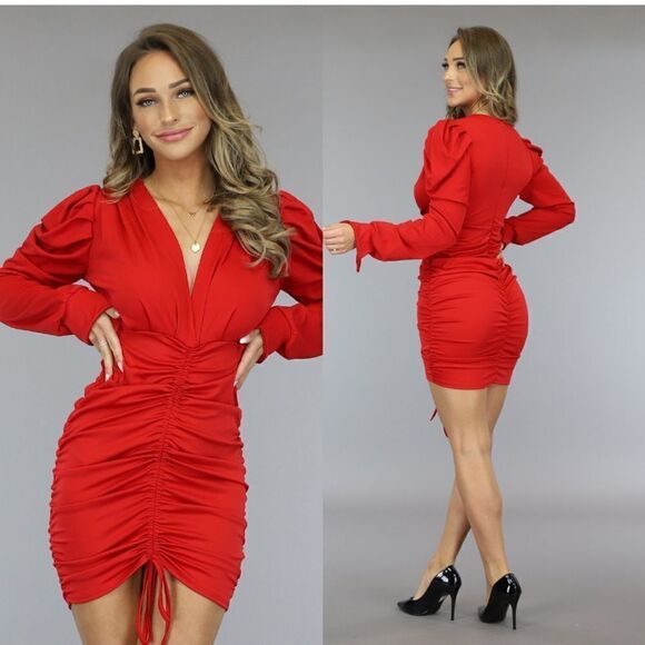 New Sexy Long Sleeve Autumn Sexy Deep V Neck Pleated Cocktail Dress SM - Picture 1 of 11
